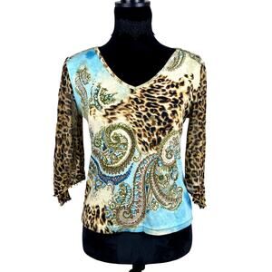 Vtg Forbidden paisley leopard flare sleeve beaded boho whimsigoth fairycore top